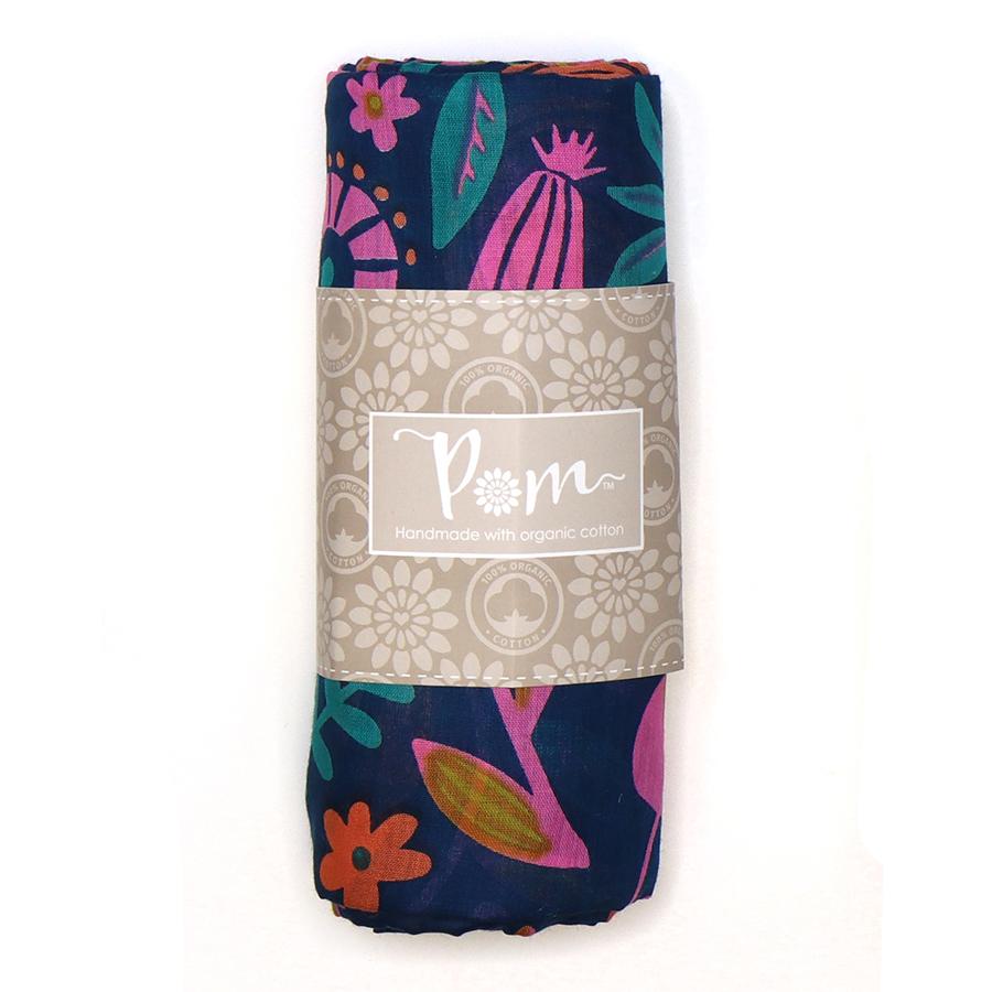 POM Organic cotton navy and bright abstract meadow print scarf