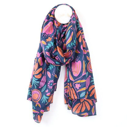 POM Organic cotton navy and bright abstract meadow print scarf