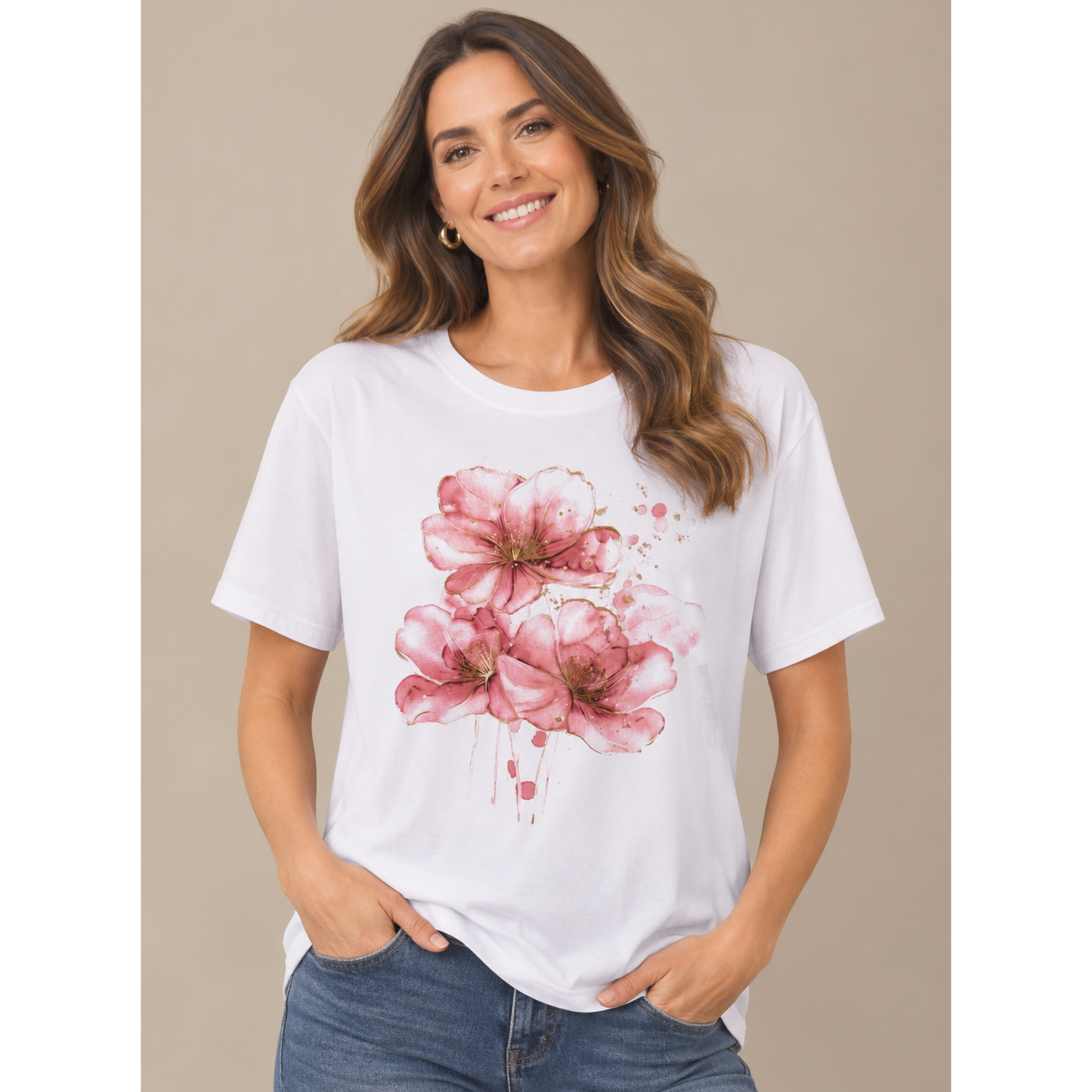White Cotton T-Shirt Pink Flower