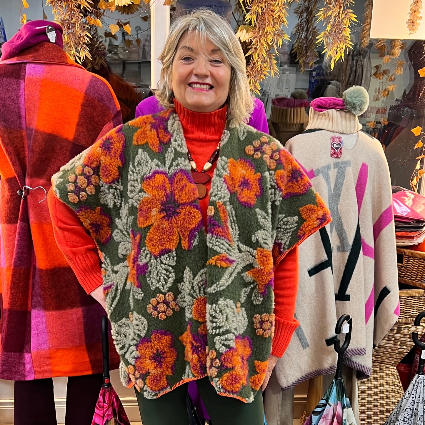 Oversized Wool Embroidery Gilet Orange & Green