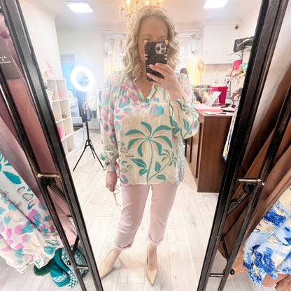 DECK Cream Aqua Pink Floral Patterned Blouse