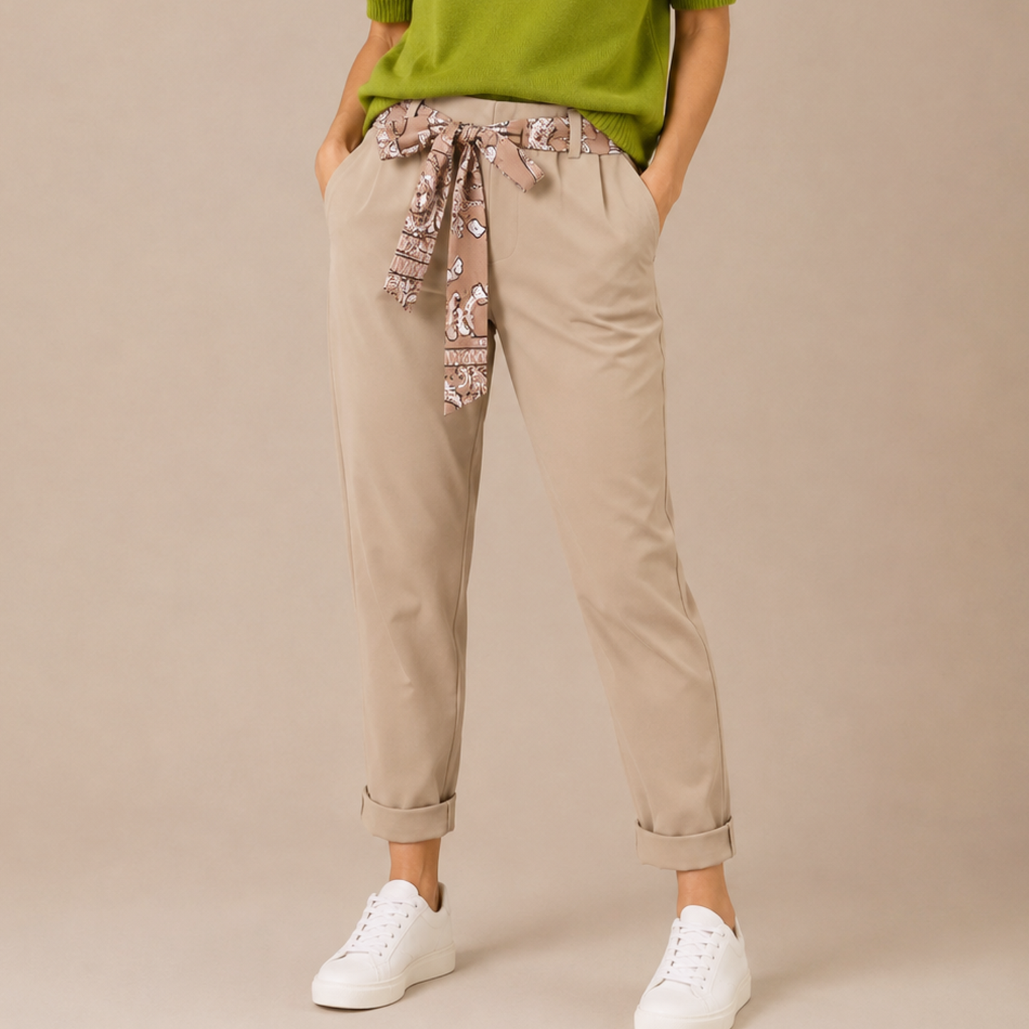Beige Tapered Trousers With Fabric Belt