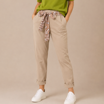 Beige Tapered Trousers With Fabric Belt