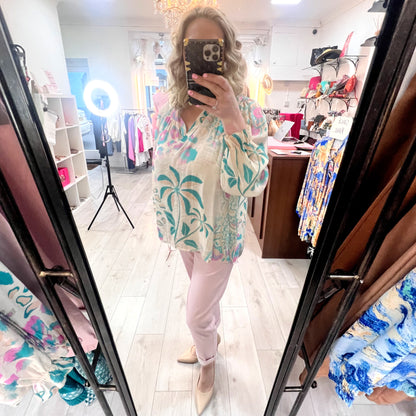 DECK Cream Aqua Pink Floral Patterned Blouse