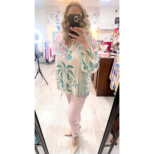 DECK Cream Aqua Pink Floral Patterned Blouse