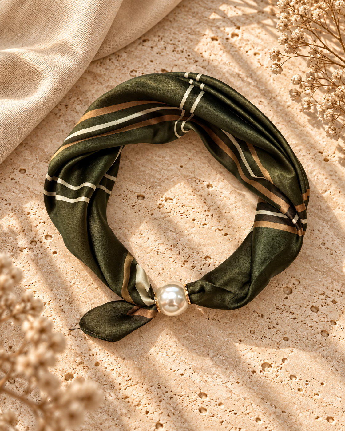 Khaki Green & Gold Criss Cross Neck Scarf