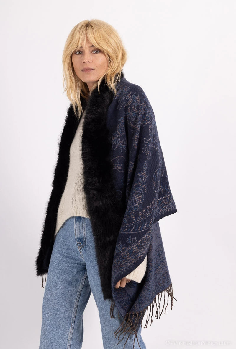 Paisley Print Faux Fur Cape Navy