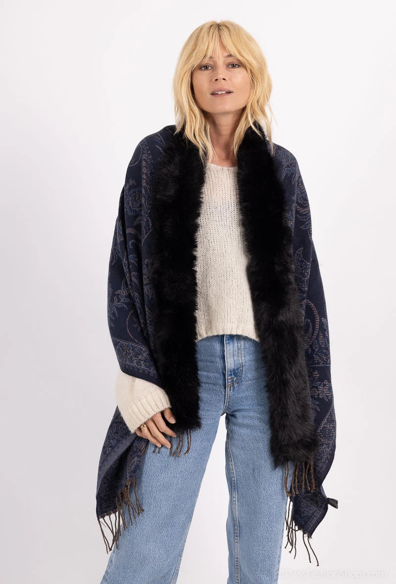 Paisley Print Faux Fur Cape Navy