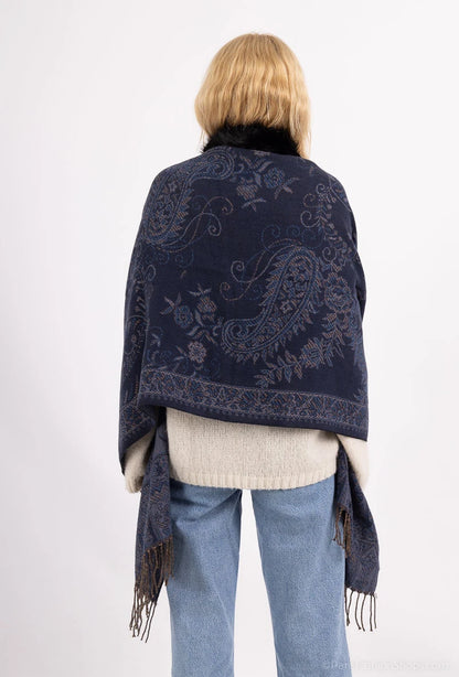 Paisley Print Faux Fur Cape Navy