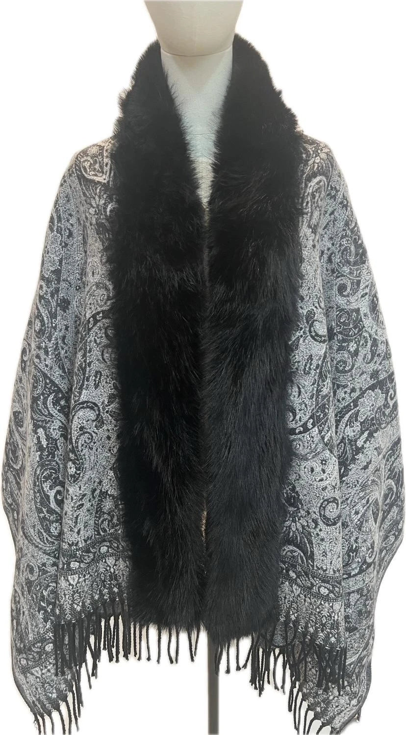 Black & Grey Paisley Wrap Black Fur Trim