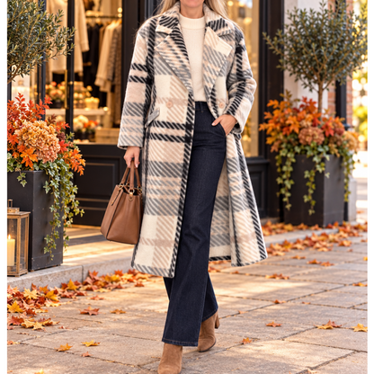 Checked Coat Cream Beige Black