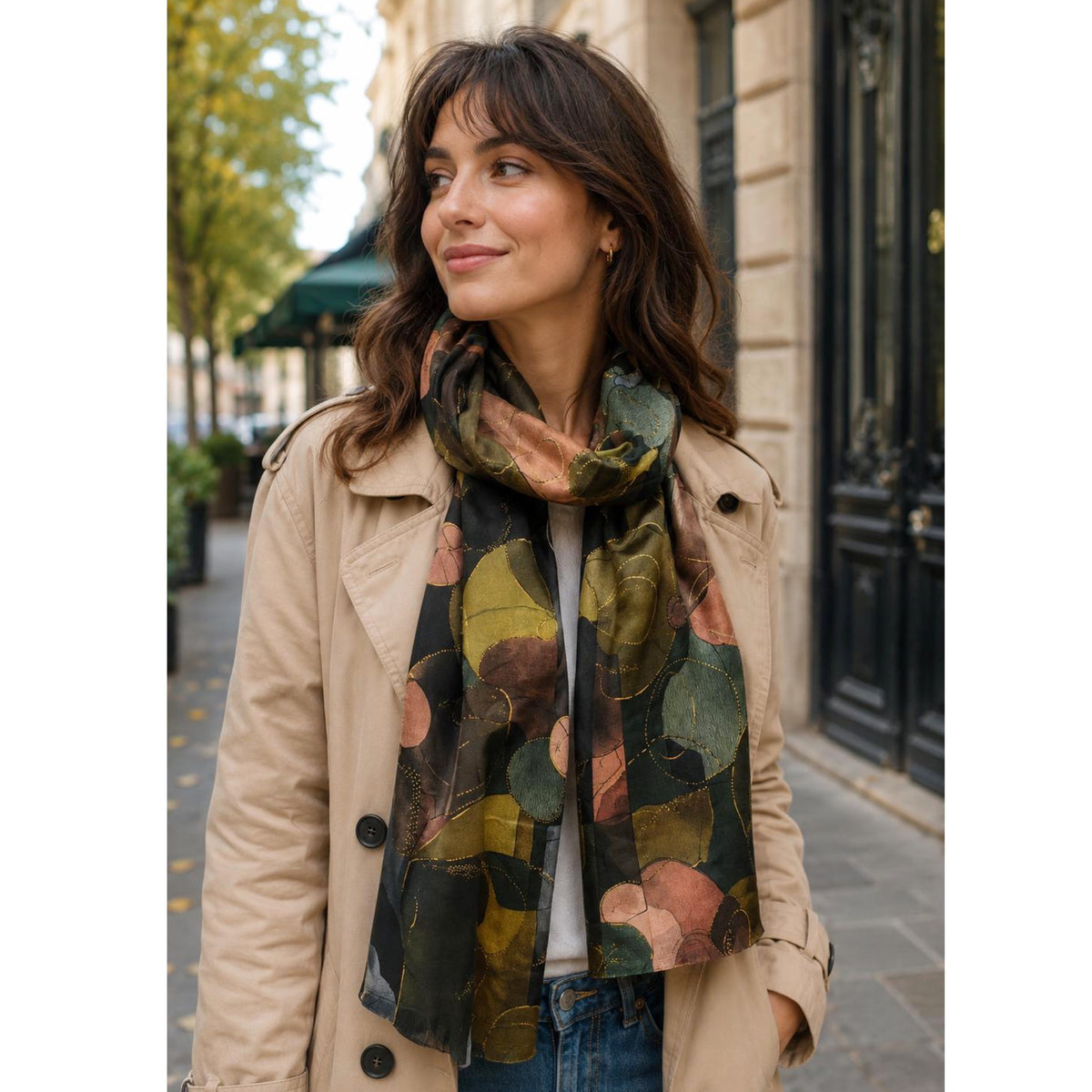 Green Multicoloured Abstract Scarf Gold Threading