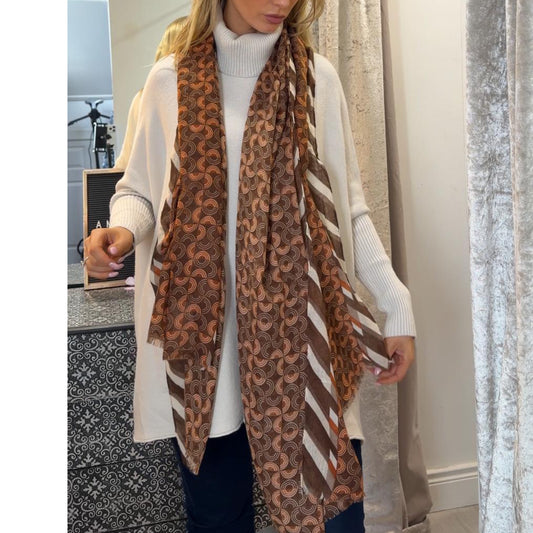 Swirls Print Scarf Stripe Trim (6 COLOURS)