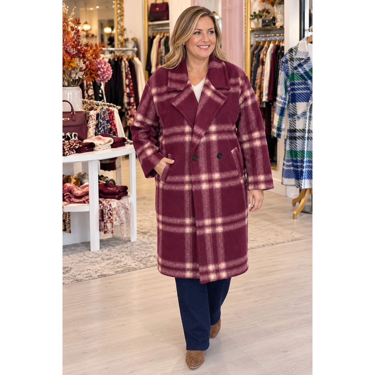 Checked Coat Burgandy/Camel
