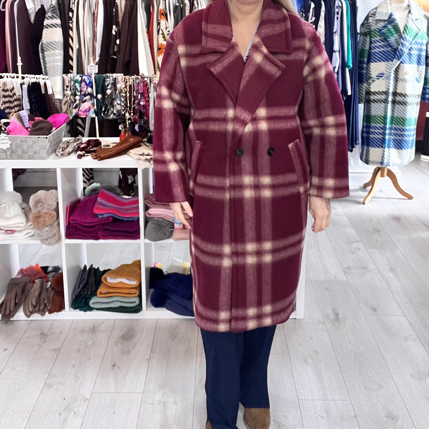 Checked Coat Burgandy/Camel