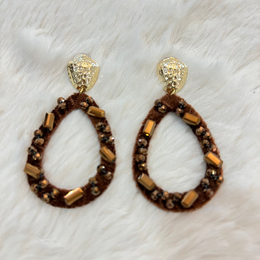 Brown Beaded & Gold Drop Statement Earrings