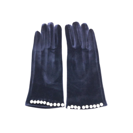 Navy Velvet Gloves With Pearl Cuffs